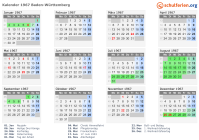 Kalender 1967 mit Ferien und Feiertagen Baden-Württemberg