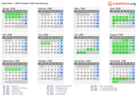 Kalender 1968 mit Ferien und Feiertagen Baden-Württemberg
