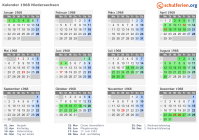 Kalender 1968 mit Ferien und Feiertagen Niedersachsen