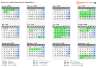 Kalender 1968 mit Ferien und Feiertagen Nordrhein-Westfalen
