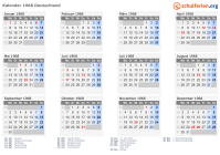 Kalender 1968 mit Ferien und Feiertagen Deutschland