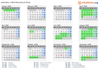 Kalender 1968 mit Ferien und Feiertagen Rheinland-Pfalz