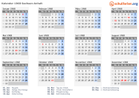 Kalender 1968 mit Ferien und Feiertagen Sachsen-Anhalt