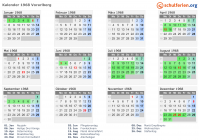 Kalender 1968 mit Ferien und Feiertagen Vorarlberg