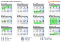 Kalender 1970 mit Ferien und Feiertagen Baden-Württemberg