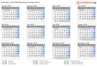 Kalender 1970 mit Ferien und Feiertagen Mecklenburg-Vorpommern