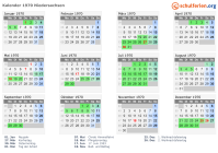 Kalender 1970 mit Ferien und Feiertagen Niedersachsen