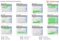 Kalender 1970 mit Ferien und Feiertagen Nordrhein-Westfalen