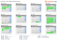 Kalender 1971 mit Ferien und Feiertagen Baden-Württemberg