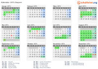 Kalender 1971 mit Ferien und Feiertagen Bayern