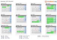 Kalender 1971 mit Ferien und Feiertagen Bremen