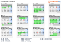 Kalender 1971 mit Ferien und Feiertagen Hamburg