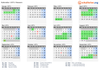 Kalender 1971 mit Ferien und Feiertagen Hessen