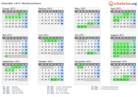 Kalender 1971 mit Ferien und Feiertagen Niedersachsen