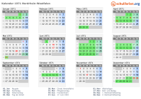 Kalender 1971 mit Ferien und Feiertagen Nordrhein-Westfalen