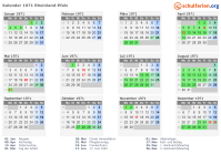 Kalender 1971 mit Ferien und Feiertagen Rheinland-Pfalz