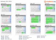 Kalender 1971 mit Ferien und Feiertagen Paris