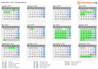 Kalender 1971 mit Ferien und Feiertagen Burgenland