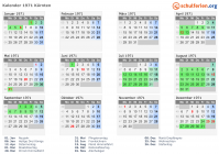 Kalender 1971 mit Ferien und Feiertagen Kärnten