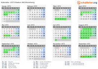 Kalender 1972 mit Ferien und Feiertagen Baden-Württemberg