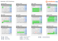 Kalender 1972 mit Ferien und Feiertagen Hamburg