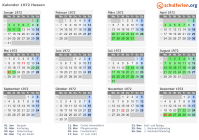 Kalender 1972 mit Ferien und Feiertagen Hessen