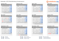 Kalender 1972 mit Ferien und Feiertagen Mecklenburg-Vorpommern