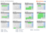Kalender 1972 mit Ferien und Feiertagen Niedersachsen