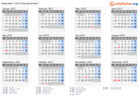 Kalender 1972 mit Ferien und Feiertagen Deutschland