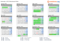Kalender 1972 mit Ferien und Feiertagen Rheinland-Pfalz