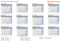 Kalender 1972 mit Ferien und Feiertagen Sachsen-Anhalt