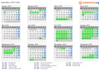 Kalender 1972 mit Ferien und Feiertagen Lille