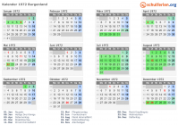 Kalender 1972 mit Ferien und Feiertagen Burgenland