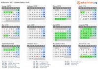 Kalender 1972 mit Ferien und Feiertagen Oberösterreich