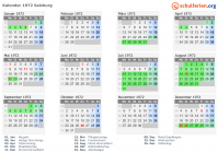 Kalender 1972 mit Ferien und Feiertagen Salzburg