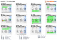 Kalender 1972 mit Ferien und Feiertagen Steiermark