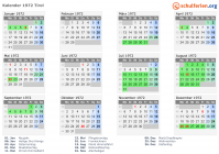 Kalender 1972 mit Ferien und Feiertagen Tirol