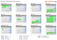 Kalender 1973 mit Ferien und Feiertagen Baden-Württemberg