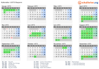 Kalender 1973 mit Ferien und Feiertagen Bayern