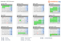 Kalender 1973 mit Ferien und Feiertagen Bremen