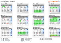 Kalender 1973 mit Ferien und Feiertagen Hamburg