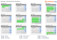Kalender 1973 mit Ferien und Feiertagen Nordrhein-Westfalen