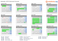 Kalender 1973 mit Ferien und Feiertagen Clermont-Ferrand