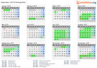 Kalender 1973 mit Ferien und Feiertagen Montpellier