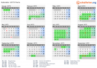 Kalender 1973 mit Ferien und Feiertagen Paris