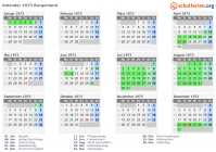 Kalender 1973 mit Ferien und Feiertagen Burgenland
