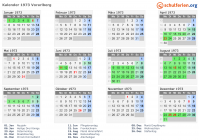 Kalender 1973 mit Ferien und Feiertagen Vorarlberg