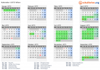 Kalender 1973 mit Ferien und Feiertagen Wien