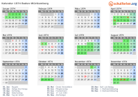 Kalender 1974 mit Ferien und Feiertagen Baden-Württemberg
