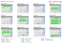 Kalender 1974 mit Ferien und Feiertagen Bayern